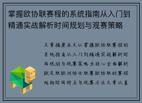 掌握欧协联赛程的系统指南从入门到精通实战解析时间规划与观赛策略